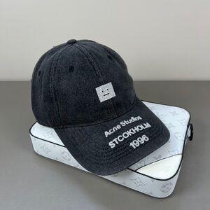 Acne Black Denim Cap with White Face Patch and Embroidery